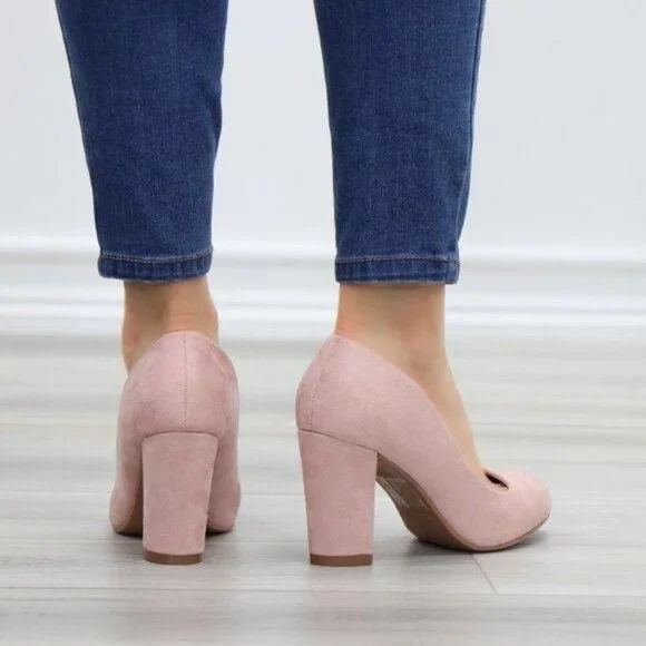 Rose Faux Suede Slip On Block High Heel Pumps - Picture 3 of 15